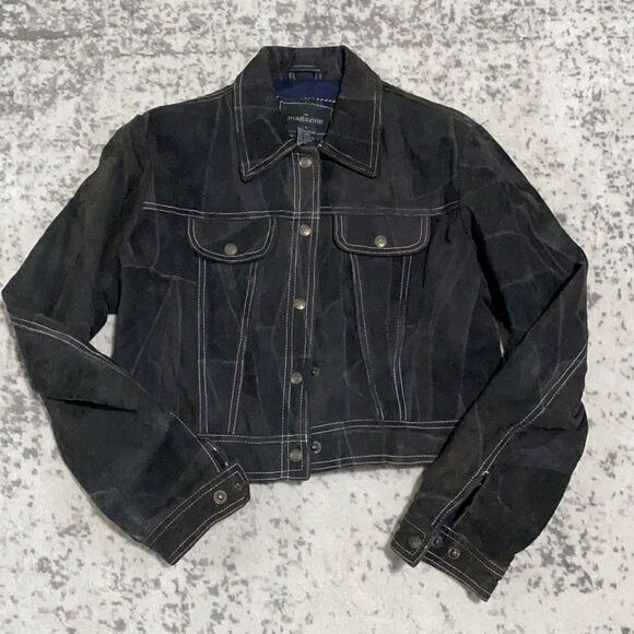 magazine genuine suede patch work croped size L black leather jacket - Picture 1 of 10